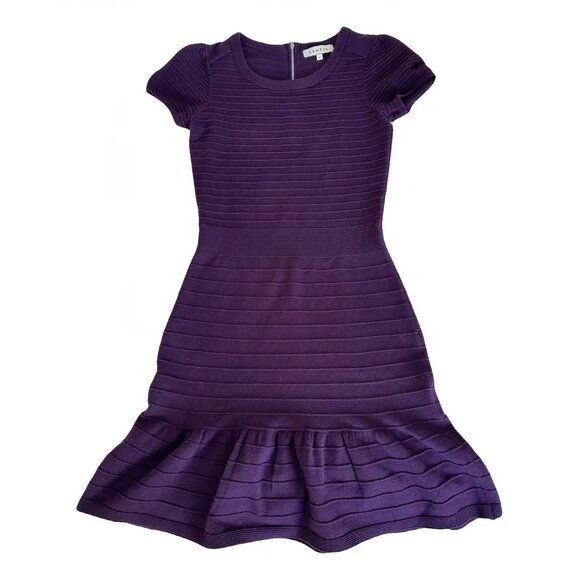 Sandro Knitted Rib Fit & Flare Mini Dress Purple Flare Size 3 - Picture 1 of 16